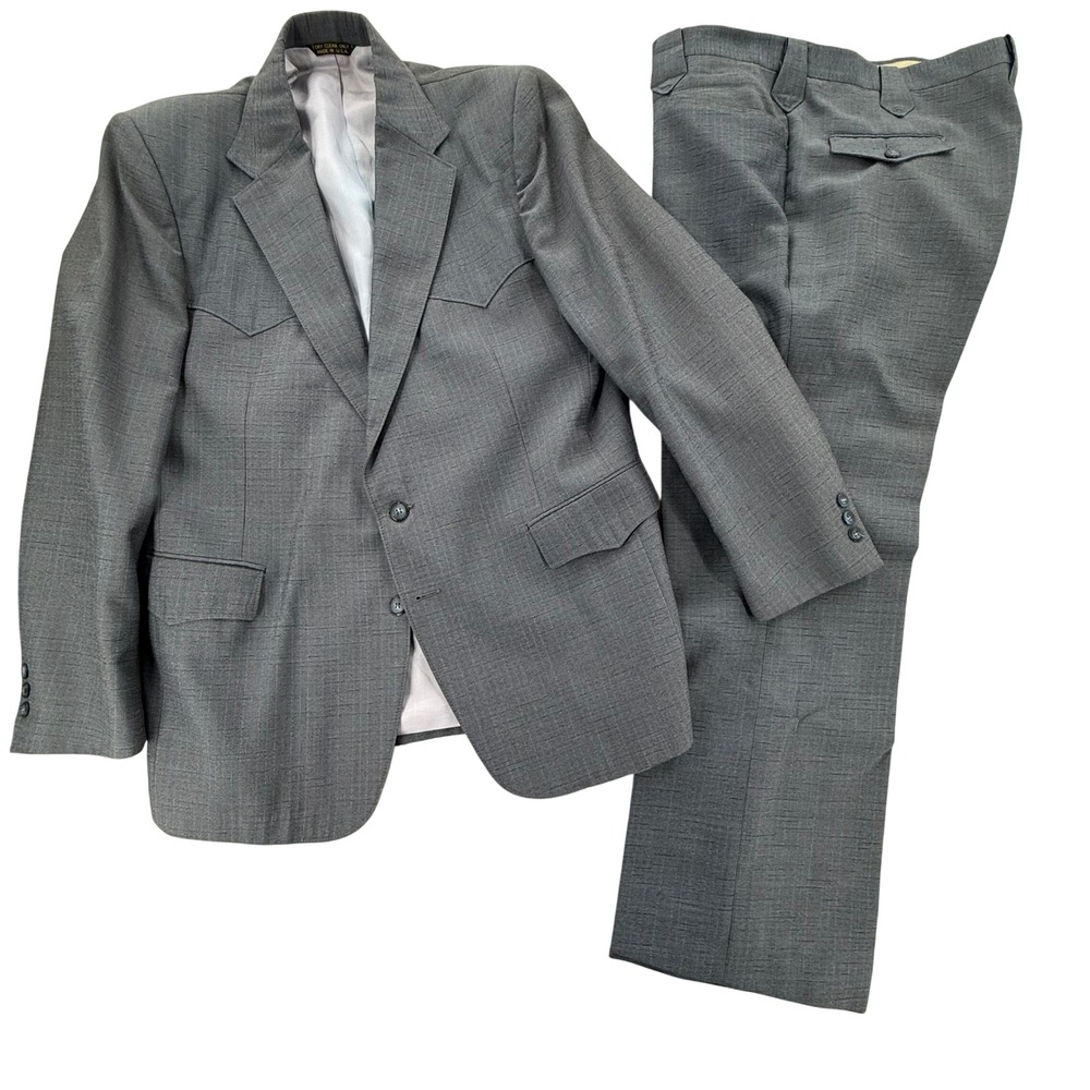 Vintage 80s Pagano West Western Yoke Gray Jacket Pant Suit Chest 42R Waist 38x29